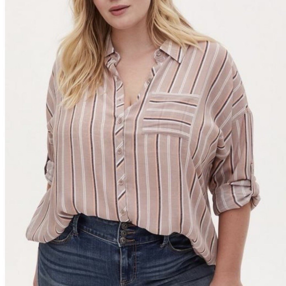 Torrid Lindsay Pink Stripes Drop Shoulder Gauze Roll Tab Sleeve Button Shirt 2X